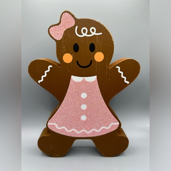 Quill To Paper Rustic Gingerbread Girl Wooden Christmas Decor Pink Glitter NEW - Picture 1 of 2